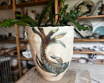 Hand made ceramic planter or vase, hand painted koi vase, hand built pottery vase or planter, beautiful ceramic planter, koi fish vase