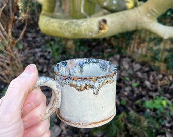Handmade ceramic espresso mug with blue and stone earthy glaze, cortado mug, small coffee mug