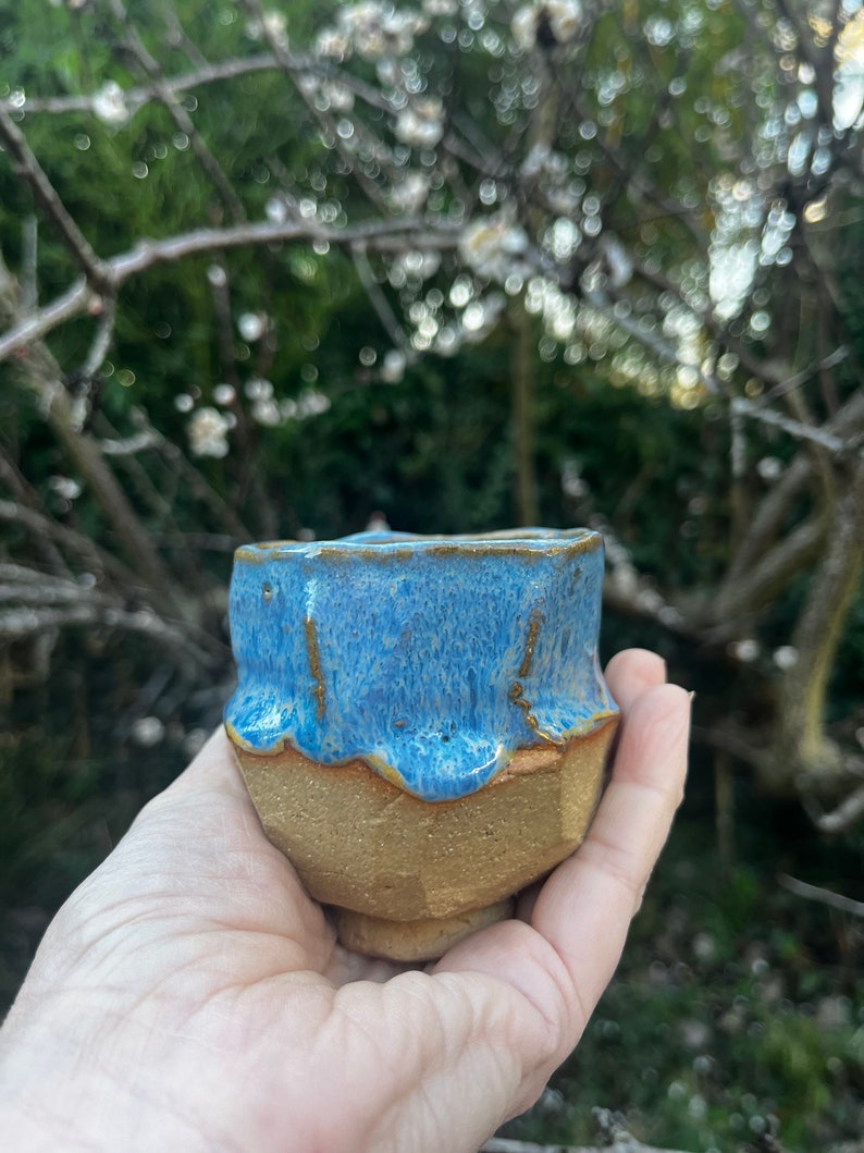 Yunomi, hand carved ceramic cup for tea, coffee, saki, whisky or wine, kurinuki ceramic tea cup, sky blue yunomi cup image 2