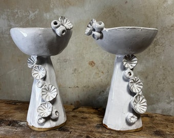 Handmade ceramic candle holders, arty candle holders,  artisanal candlesticks, white candlesticks, flower candlesticks, curated home
