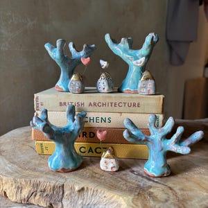Handmade Ceramic Tiny House with Bird or Heart and gold accents and tree
