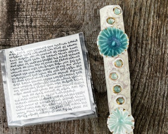 Beautiful porcelain mezuzah case, handmade mezuzah case, unique mezuzah case, blue, white and gold mezuzah, jewish gift, jewish art, judaica