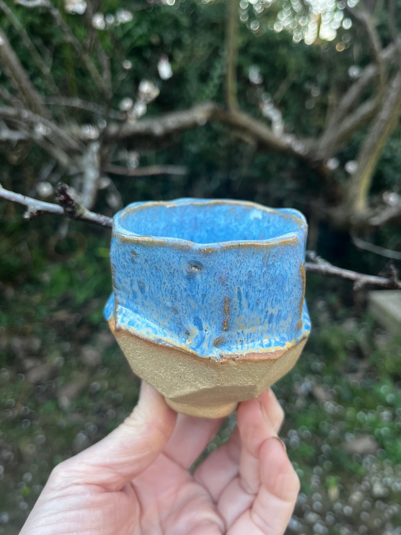 Yunomi, hand carved ceramic cup for tea, coffee, saki, whisky or wine, kurinuki ceramic tea cup, sky blue yunomi cup image 9