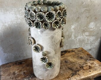Botanical vase, tall planter, hand made ceramic vase, handmade ceramic tall planter, unique gift, white and green, copper oxide
