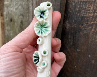 Beautiful porcelain mezuzah case, hand made mezuzah, white and green mezuzah case, sea flower mezuzah, jewish gift, jewish art, judaica