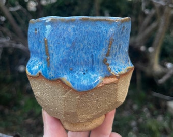 Yunomi, hand carved ceramic cup for tea, coffee, saki, whisky or wine, kurinuki ceramic tea cup,  sky blue yunomi cup