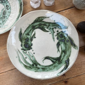 Hand made ceramic koi bowl, hand painted bowl, koi bowl, pisces gift, copper oxide bowl, koi bowl, artisan made bowl, shallow bowl