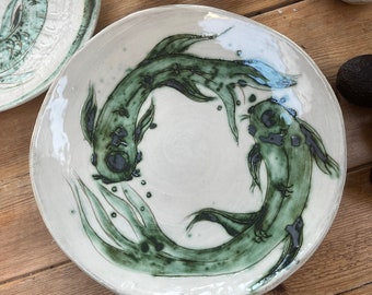 Hand made ceramic koi bowl, hand painted bowl, koi bowl, pisces gift, copper oxide bowl, koi bowl, artisan made bowl, shallow bowl