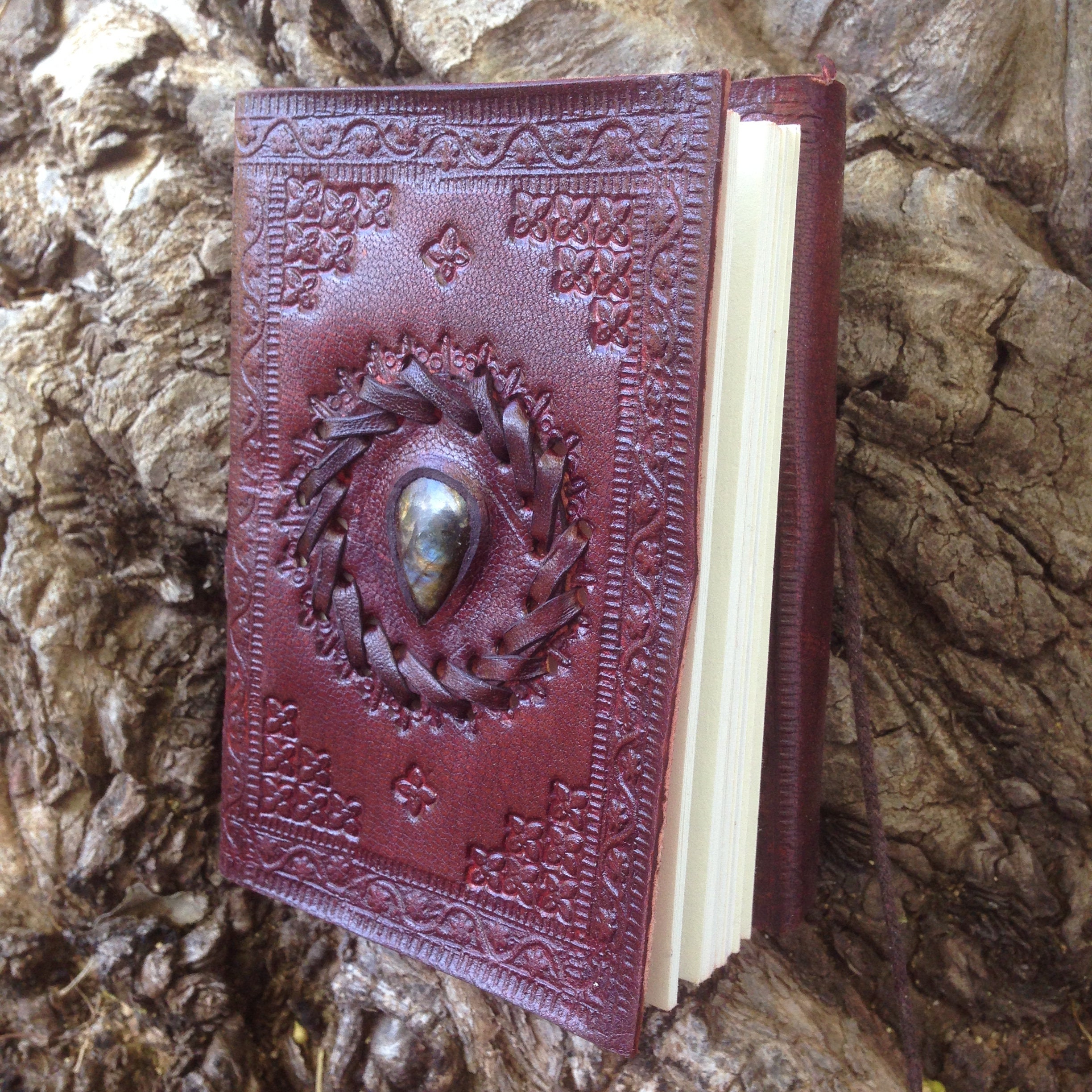Leather Journal - Labradorite Stone Leather Notebook - Medieval Leather Journal - Handmade Embossed Blank Book - Rustic Leather Journal