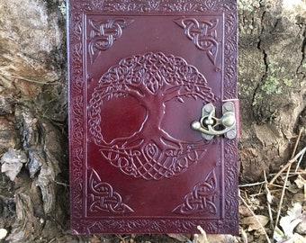 Embossed Leather Journal: Handmade Tree of Life Notebook with Bronze Closure