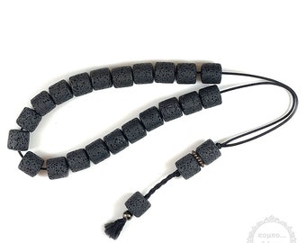 Volcanic Lava handmade komboloi created with 21+3 drum beads of 10x10mm diameter with original Tibetan silver metals