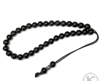 Komboloi de madeira de ébano feito à mão - 33 + 2 contas redondas, 10 mm, 30 cm, pulseira usável, cruz grega de prata