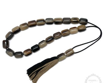 Yak Horn handmade komboloi created with 21+2 horn beads in barrel shape of 12x15mm diameter, 36cm total length, 28cm + 8cm silk tassel.