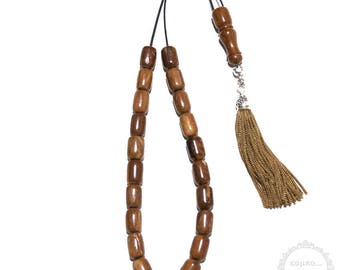 Handmade Greek komboloi created with 21+1 natural foinikas beads in barrel shape of 11x16mm