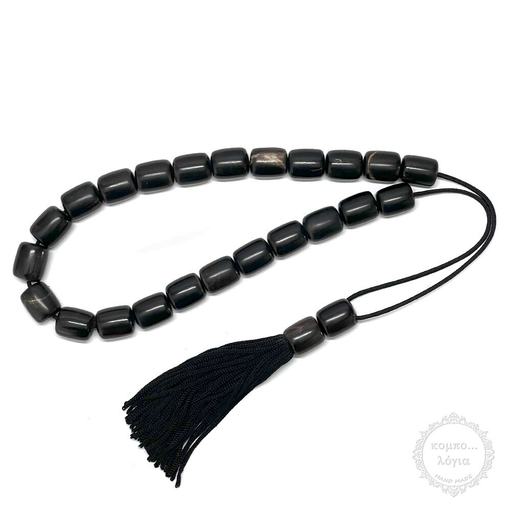 Black Horn handmade komboloi created with 23+2 horn beads in barrel shape of 12x15mm diameter, 38cm total length, 30cm + 8cm silk tassel.