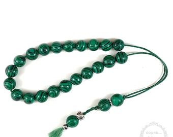 Malachite handmade komboloi created with 21+3 natural Gemstone Malachite round beads of 10mm diameter