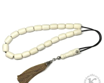 Komboloi en os de chameau fait main - 21+1 perles tonneau, 11 x 15 mm, 40 cm, 62 g, argent grec