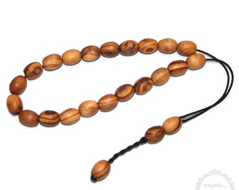 Olive Wood handmade komboloi created with 21+3 natural Olive Wood beads in oval shape of 12x15mm diameter, 33cm total length.