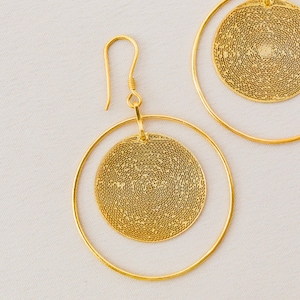 Philippines Handcrafted Dionne Gold Filigree Disc Hoop Earrings in 985 Silver Dipped in 24k Gold | Hypoallergenic, Filipino Jewelry