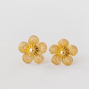 Philippines Handcrafted Sampaguita Gold Filigree Stud Earrings  in 985 Silver Dipped in 24k Gold | Hypoallergenic, Filipino Jewelry