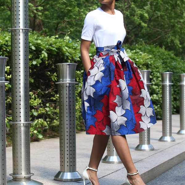Vibrant Blue/White/Red Ankara Skirt/African Print Skirt/A-Line Skirt/Mid Length Skirt/Knee Length Skirt/Full Skirt/Multi Coloured Skirt
