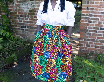 LARA African Print Midi Belted Skirt | African Clothing for Women