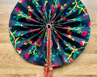 African Print Folding Fan | Handmade Leather Accent, Ankara Fabric