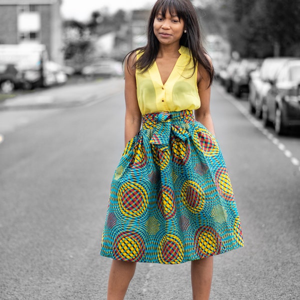 Vibrant Ankara Skirt/African Print Skirt/Mid Length Skirt/Knee Length Skirt/ Full Skirt/Multi Colour Skirt/Belted Skirt