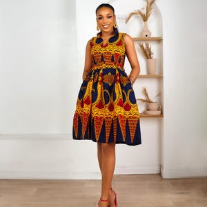 AYOOLA Orange and Navy African Print Midi Dress