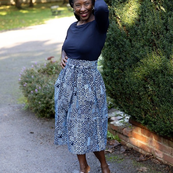 QUEEN African Print "Jeans" Midi Belted Skirt | African Clothing for Women