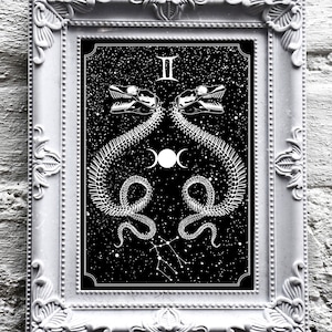 Wydruk artystyczny znaku zodiaku Bliźnięta • Miłośnik astrologii • Gotycki wystrój domu • Prezent na parapetówkę • Kult wilka