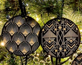 Art Deco Weihnachtsbaum Ornament Set aus Holz • Gothic Home Decor • Weihnachtsgeschenke • Pagan Winter Solstice Art • Wolf Kult