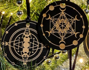 Moons Wooden Christmas Tree Ornament Set • Gothic Home Decor • Yule Gifts • Pagan Winter Solstice Art • Wolf Kult