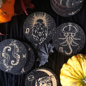 Zodiac Wooden Coaster Set • Gothic Art Home Decore • Spooky Season Ornament • Gift-for-goths • Wolf Kult