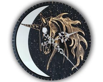 Night Unicorn Wooden Wall Clock with Mirror • Gothic Home Decor • Witchy Housewarming Gift • Oversized Timepiece • Wolf Kult