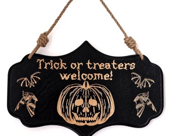 Gothic Wall Hanging Trick or Treaters Welcome • Halloween Sign • Witchy Home Decor • Spooky Season • Laser Cut Engraving • Wolf Kult