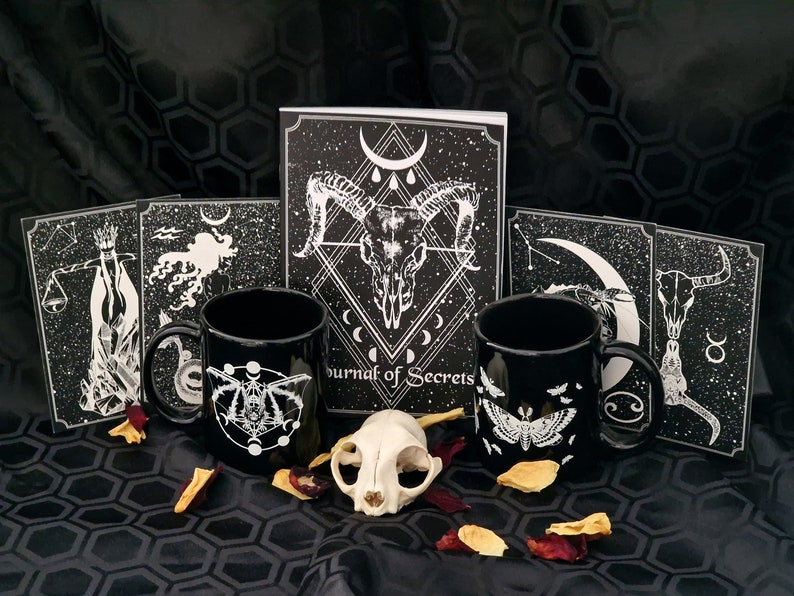 Goth Collector Gift Box Notebook, 2 Mugs & 2-4 Prints Gift Set Gothic Home Decor Housewarming Gift Astrology Lover Wolf Kult image 5