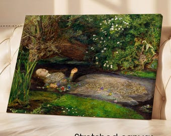 Puede incluir: Impresión en lienzo estirado de una pintura que representa a una mujer flotando en un arroyo rodeada de vegetación y flores. La obra de arte presenta una escena serena con una paleta de colores apagados, mostrando un estilo artístico clásico. El texto "Stretched canvas" es visible.