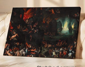 May include: Stretched canvas art print depicting a dark, dramatic scene with figures, fire, and a cavernous setting. The artwork features a complex composition with a variety of characters and a fiery background. The text "Stretched canvas" is visible at the bottom.
