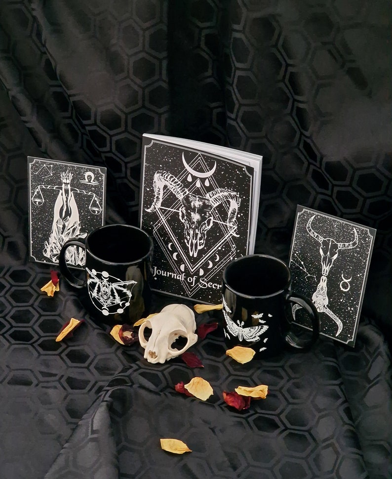 Goth Collector Gift Box Notebook, 2 Mugs & 2-4 Prints Gift Set Gothic Home Decor Housewarming Gift Astrology Lover Wolf Kult image 6