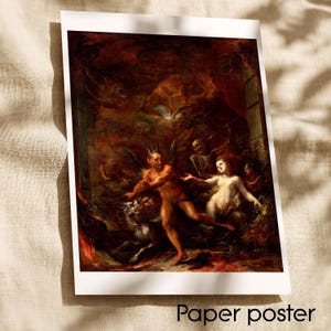 Könnte beinhalten: Ein rechteckiges Papierposter mit einem dunklen, dramatischen Ölgemälde einer gehörnten, rotbraunen Figur mit einer Mistgabel, einer blassen menschlichen Gestalt und einem Skelett inmitten von Flammen und Schatten in einer höllischen Landschaft.