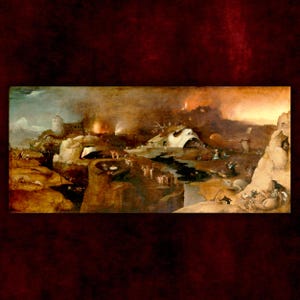 Op de afbeelding: Een schilderij dat een fantastisch landschap afbeeldt met een groot, openbekend wezen in het midden. De scène is gevuld met figuren en dieren, en de lucht is gevuld met rook en vuur. Het schilderij is gemaakt in een donker, aards palet.