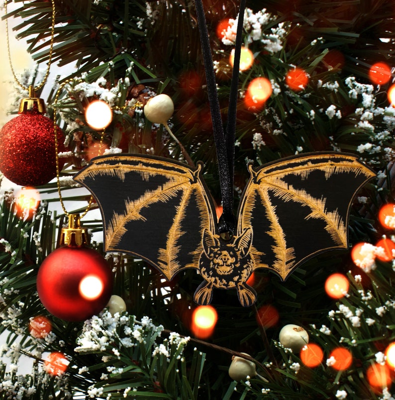 Bat Wooden Christmas Tree Ornament Gothic Home Decor Yule Gifts Pagan Winter Solstice Art Wolf Kult image 5