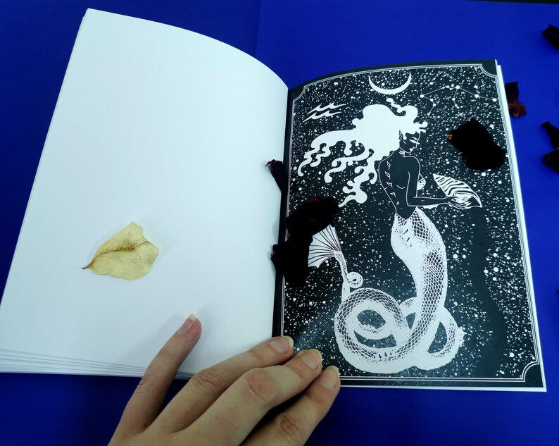 Puede incluir: Un libro abierto con una ilustraci&oacute;n en blanco y negro de una sirena con el pelo largo y fluido y una cola. La sirena sostiene una concha en su mano. El fondo es un cielo estrellado en blanco y negro.