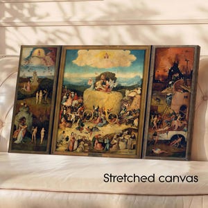 Peut inclure: Impression sur toile tendue en triptyque d'une peinture historique. L'œuvre présente une scène complexe avec de nombreuses figures, des couleurs vives et une représentation détaillée d'une scène biblique. Le texte "Stretched canvas" est visible en bas.