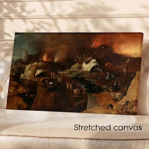 Peut inclure: Une impression sur toile tendue d'une peinture sombre et détaillée représentant un paysage chaotique et enflammé avec des personnages et des structures. L'œuvre présente une palette de couleurs dramatique de bruns, d'oranges et de noirs, avec le texte "Stretched canvas" en bas.