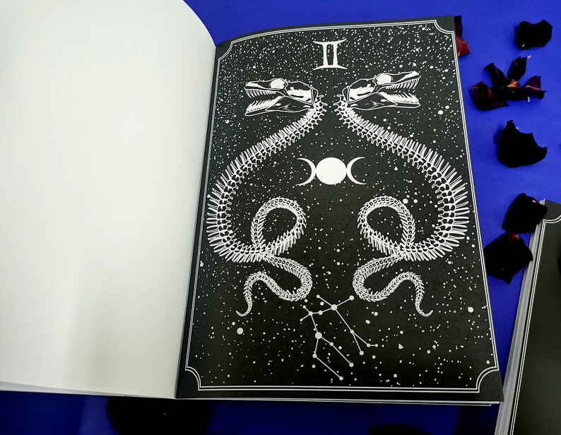 Puede incluir: Una ilustraci&oacute;n en blanco y negro de una serpiente esquel&eacute;tica con una luna y estrellas sobre un fondo negro. La imagen es parte de un libro con una portada blanca.