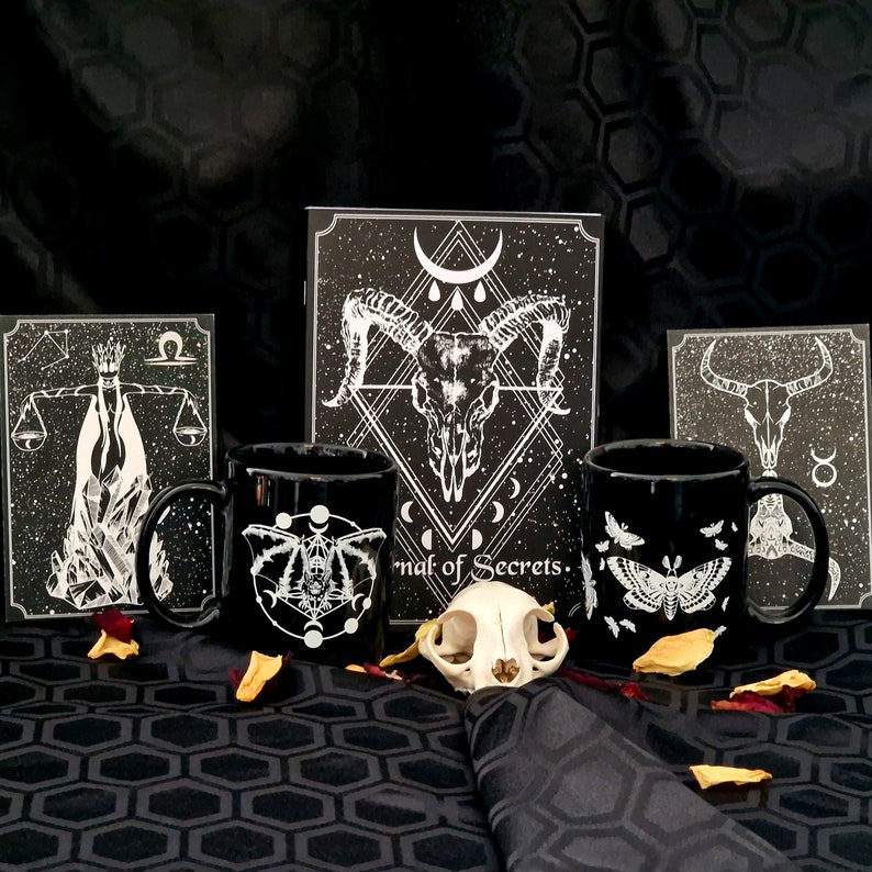 Goth Collector Gift Box Notebook, 2 Mugs & 2-4 Prints Gift Set Gothic Home Decor Housewarming Gift Astrology Lover Wolf Kult image 1