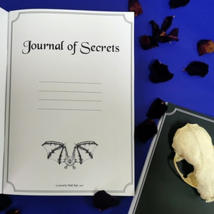 Puede incluir: Un diario blanco con un borde negro y el texto "Journal of Secrets" en la portada. El diario tiene una ilustraci&oacute;n en blanco y negro de un murci&eacute;lago en la parte inferior de la portada. El diario est&aacute; abierto a una p&aacute;gina en blanco.