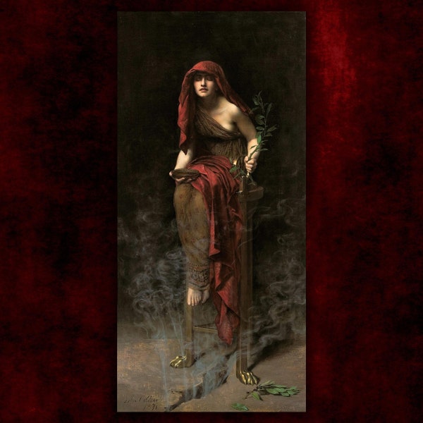 Impression sur toile Prêtresse de Delphes par John Collier (1891) • Impressions giclées • Affiche d'art classique • Peinture victorienne • Décoration d'intérieur gothique